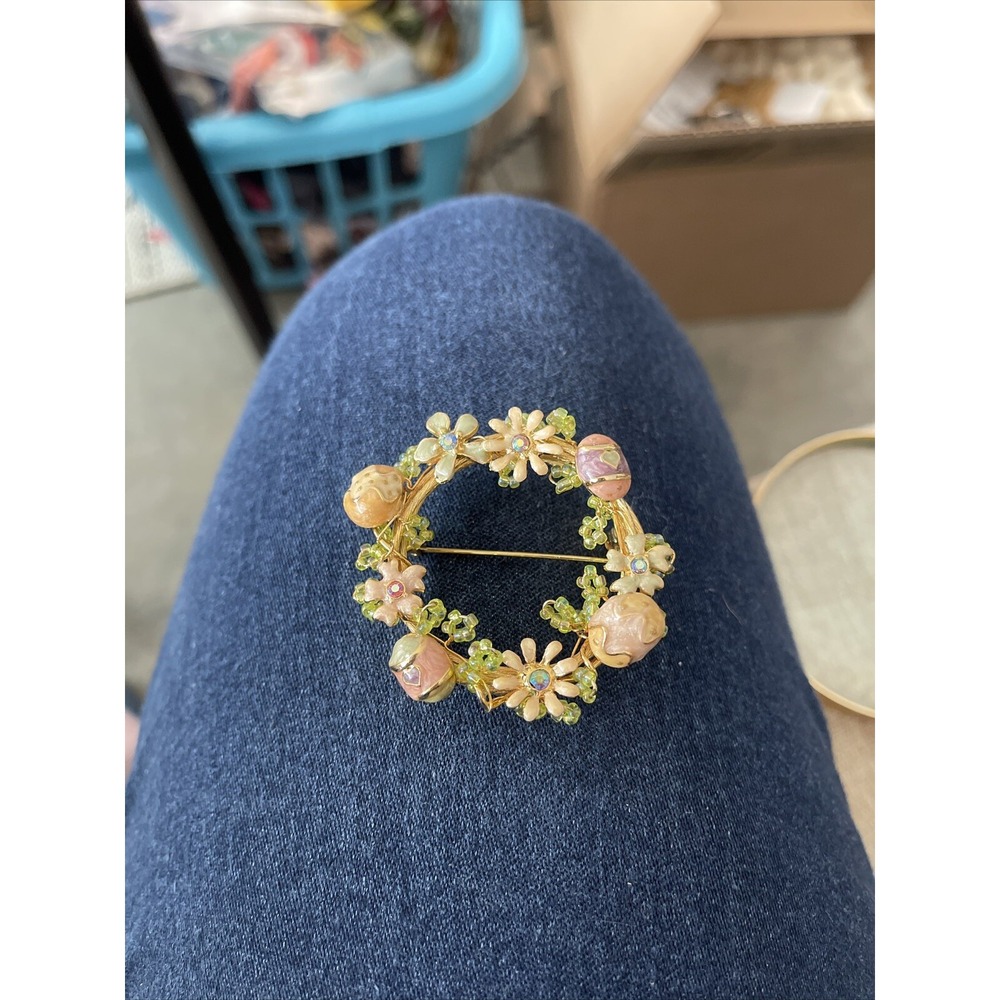 Vintage Goldtone Enameled Egg  & Flowers With Rhinestones Brooch